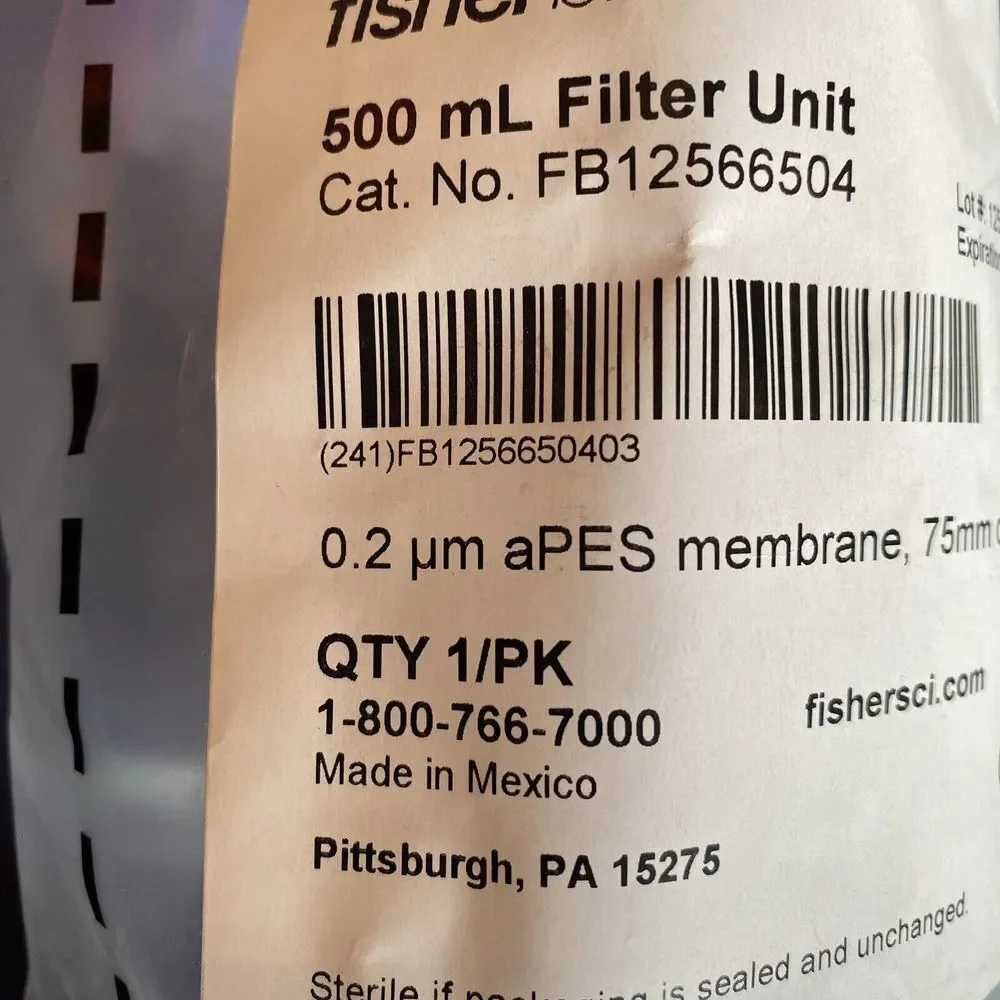 Fisherbrand FB12566504 Disposable PES Filter Unit 500mL Pore Size 0.20μm 75mmDia